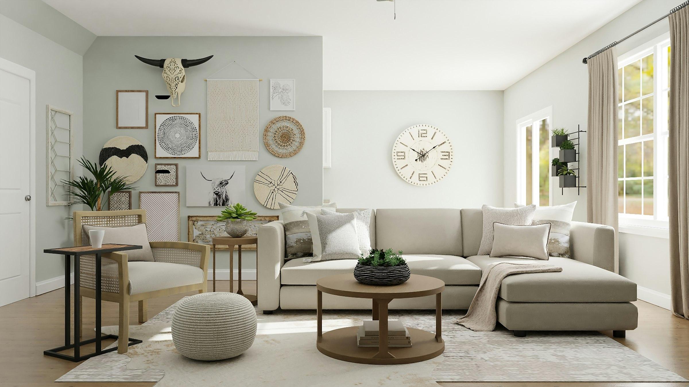 Living room with a pale clock wall and curtains