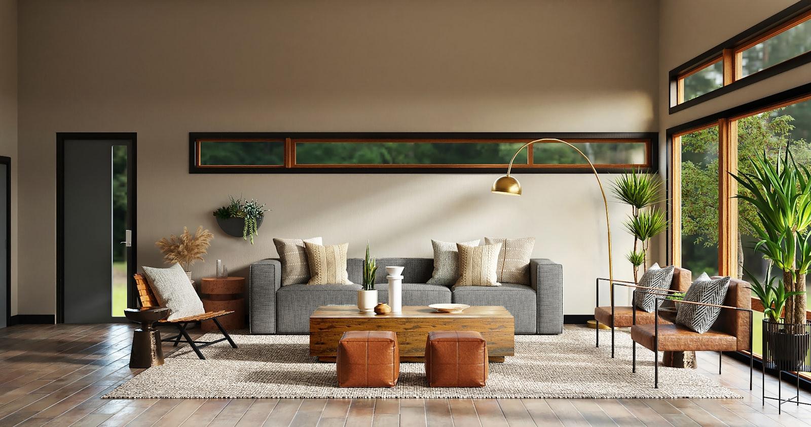 Contemporary living room with timber windows