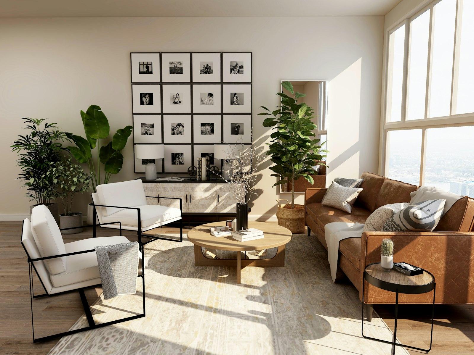 Finished living room with sofa and daylight